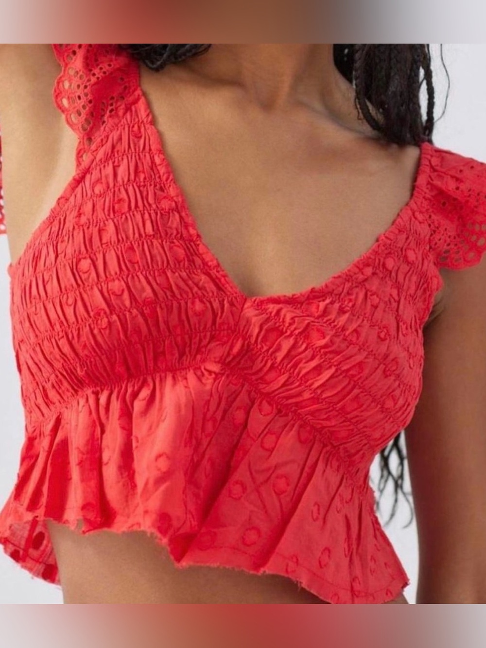 Urban Outfitters Red Ruffled Smocked V-Neck Crop Tank Size Medium - Picture 3 of 10